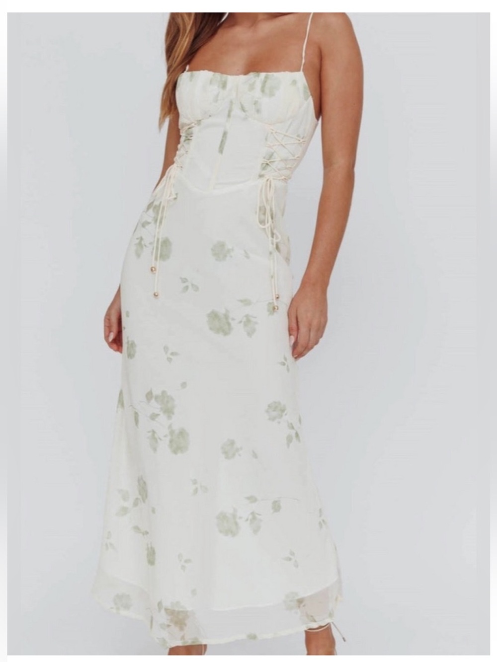 NWT One & Only Collective Floral Lace-Up Midi Dress in Light Green